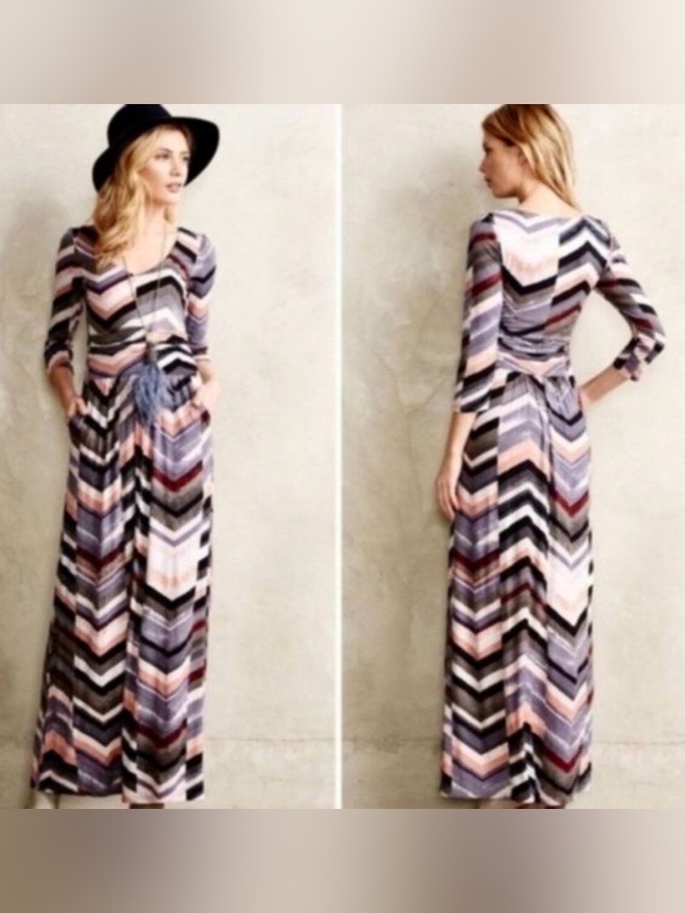 Anthropologie Maeve Novela Maxi Dress L Chevron Boho Jersey V Neck Pockets